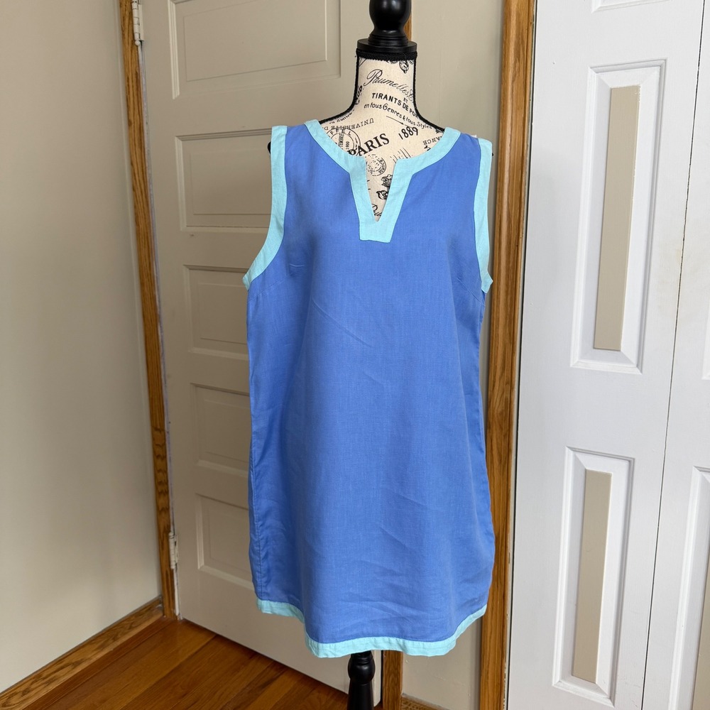 Sigrid Olsen Blue 100% Linen Sleeveless Split Neck Shift Dress Beachy Summer